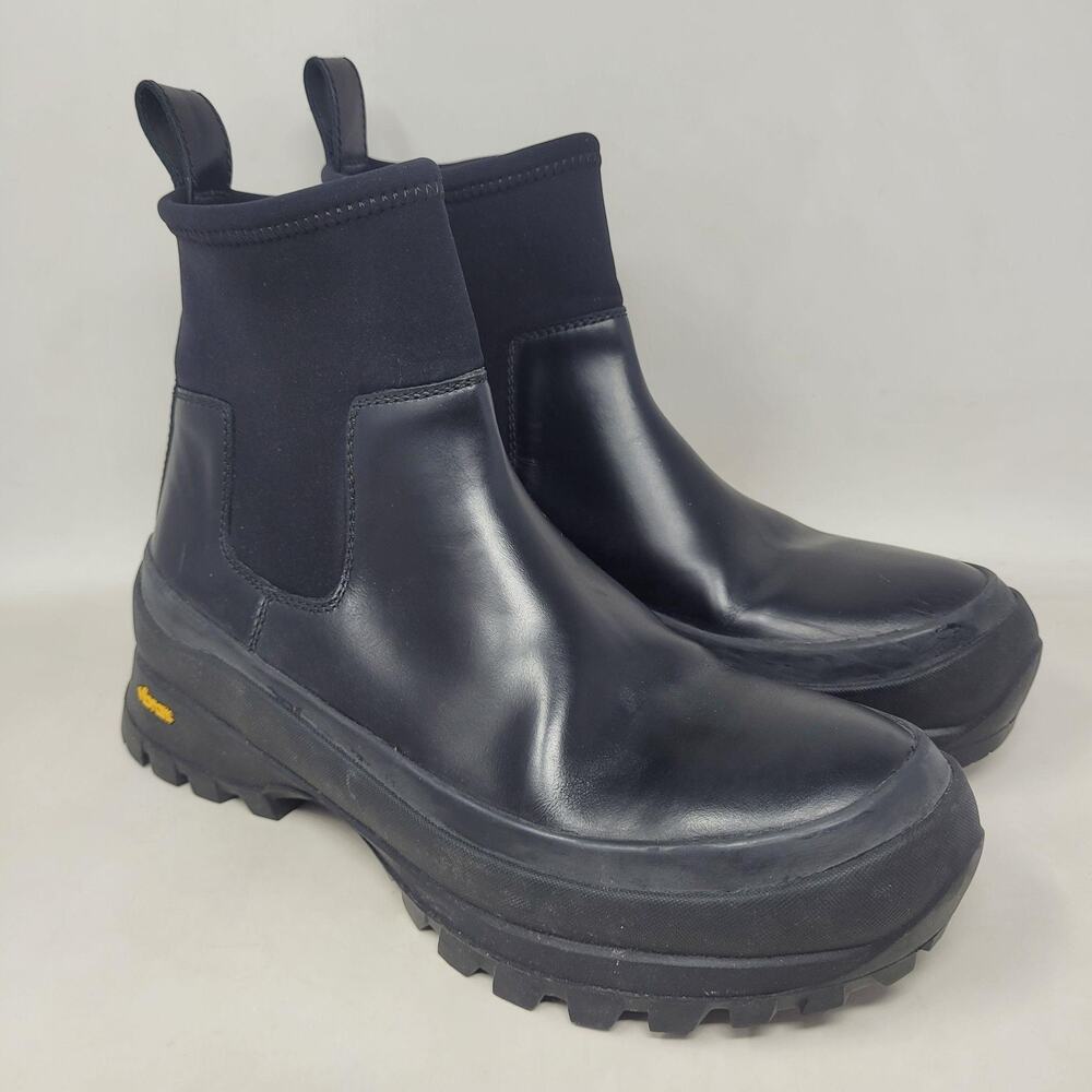 Jil Sander Boots EU40 US10 Black Leather Chelsea Vibram Ankle Lug Sole Neoprene